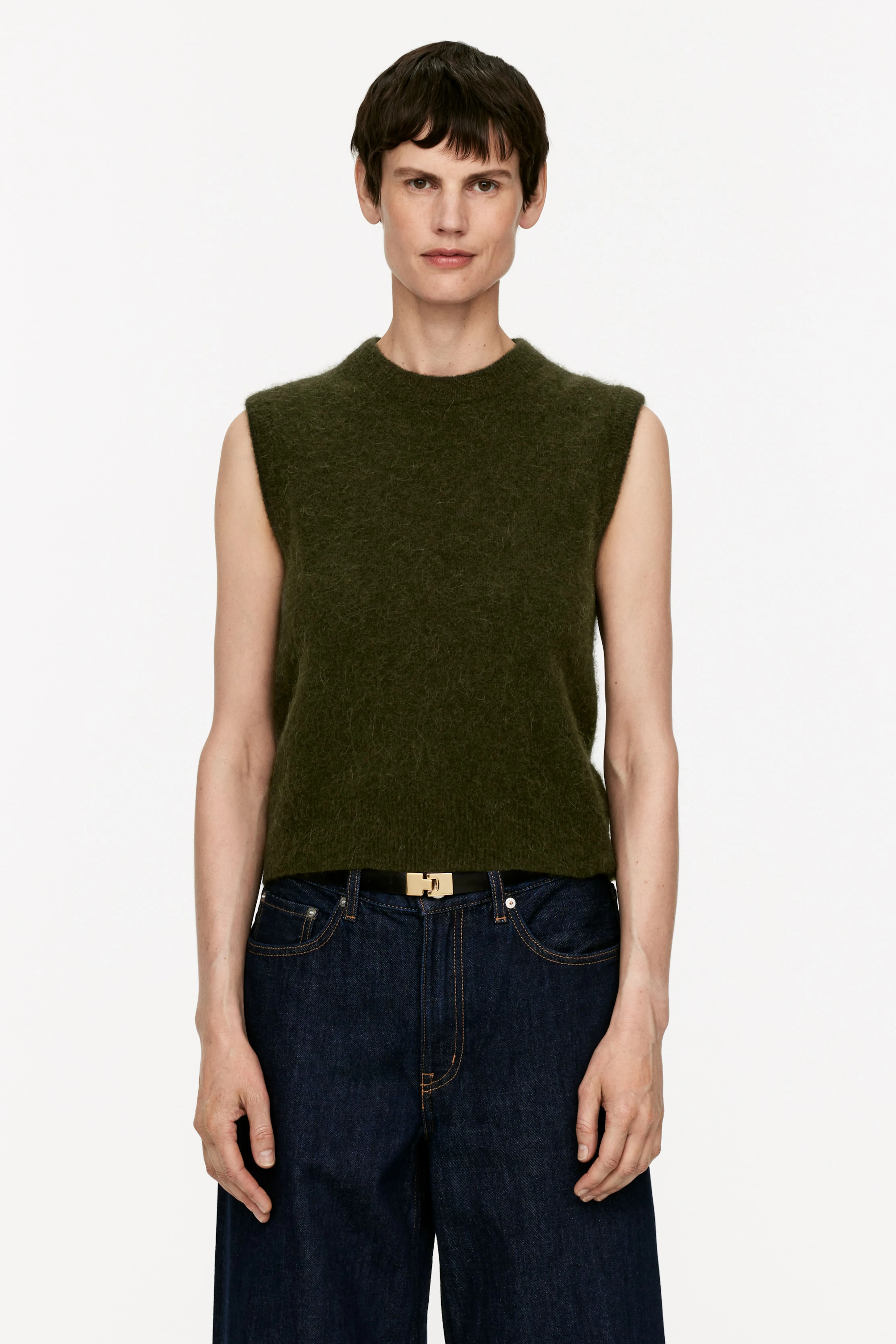 Alpaca-Wool Blend Vest - Round neck - Sleeveless - Dark Green - Ladies | H&M GB