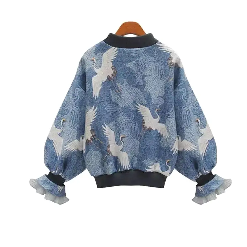 Blue Bird Print Flared Long Sleeve Top