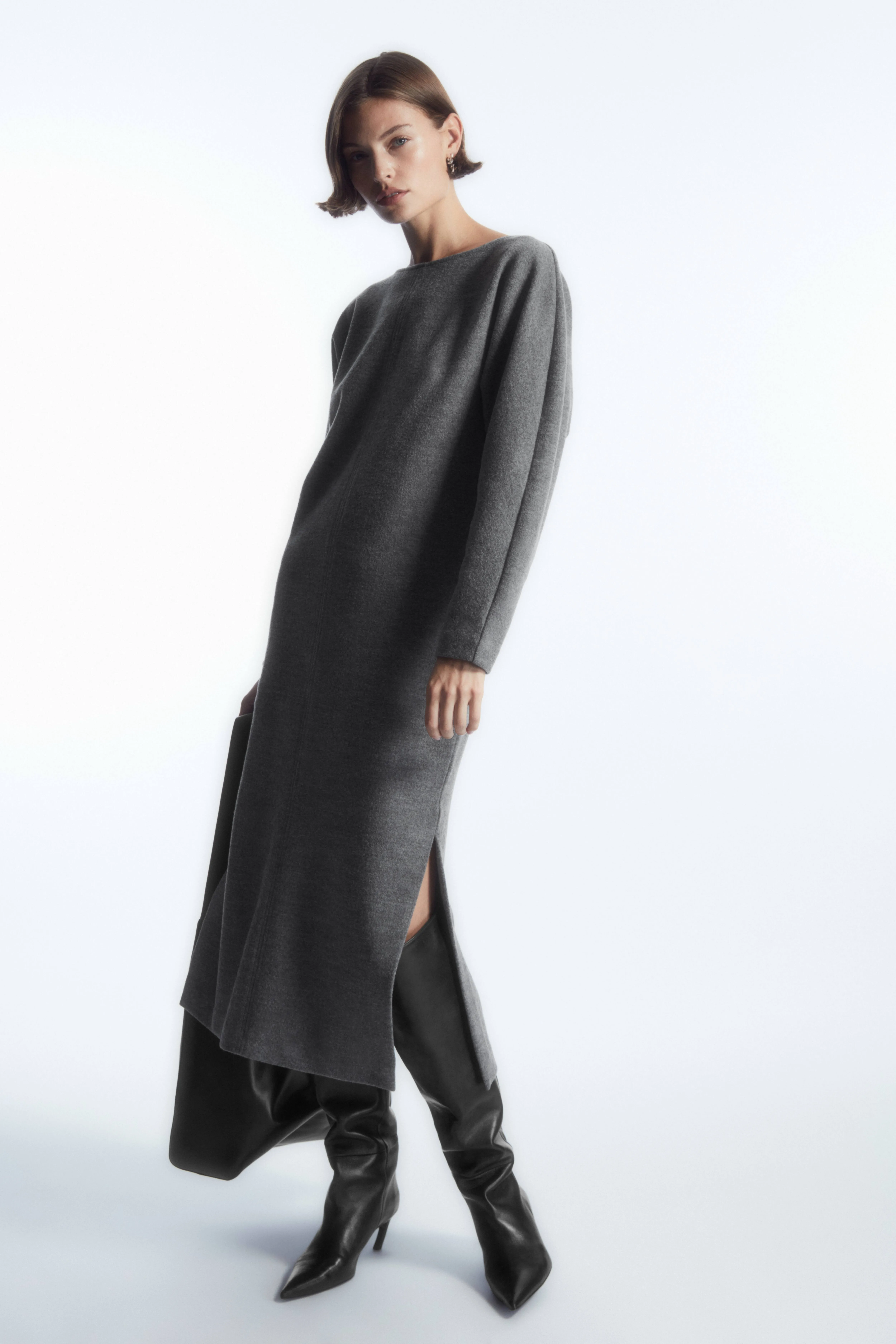 BOILED-WOOL LONG-SLEEVED MAXI DRESS - Boat neck - Long sleeve - DARK GREY MELANGE - Ladies | H&M GB