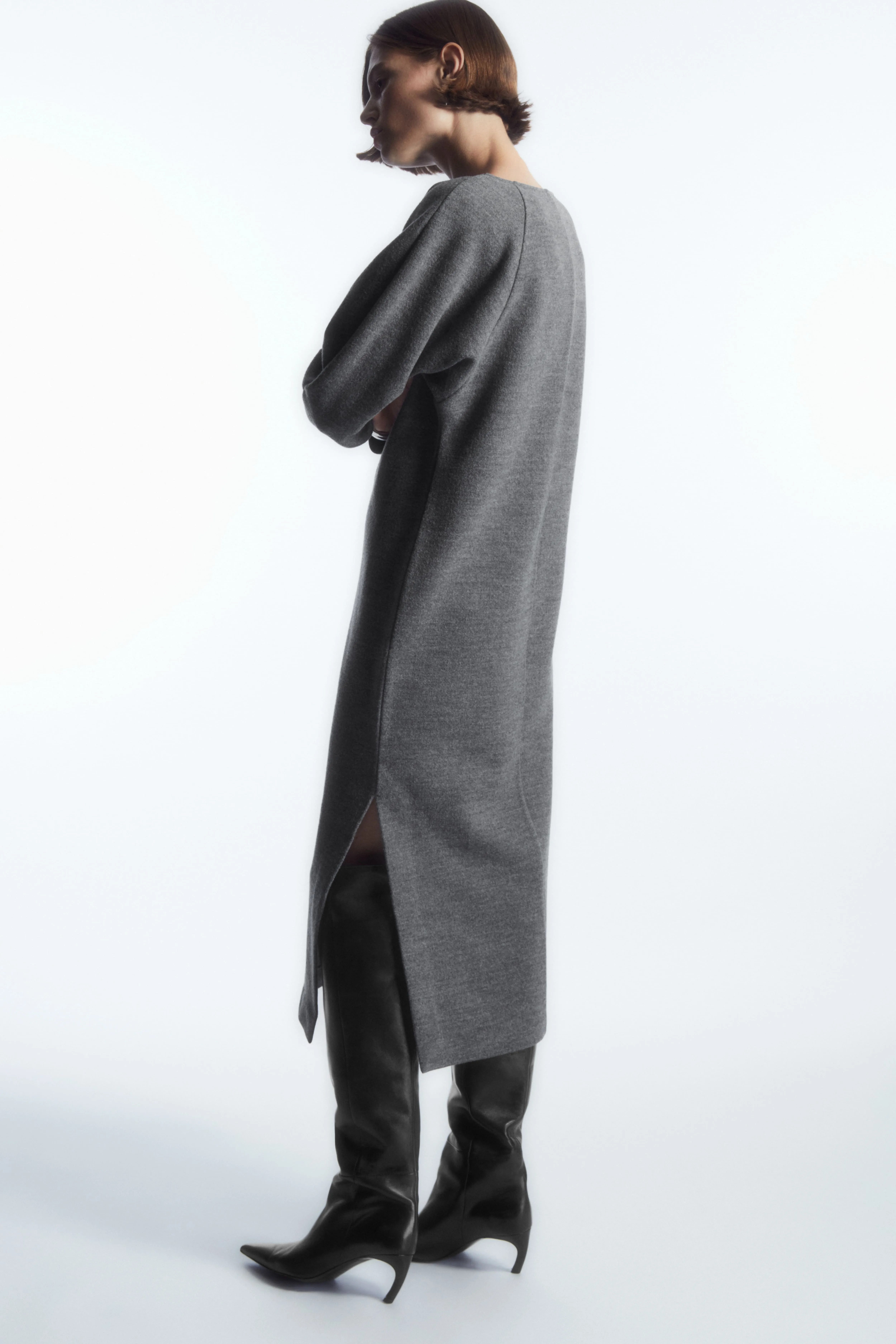 BOILED-WOOL LONG-SLEEVED MAXI DRESS - Boat neck - Long sleeve - DARK GREY MELANGE - Ladies | H&M GB