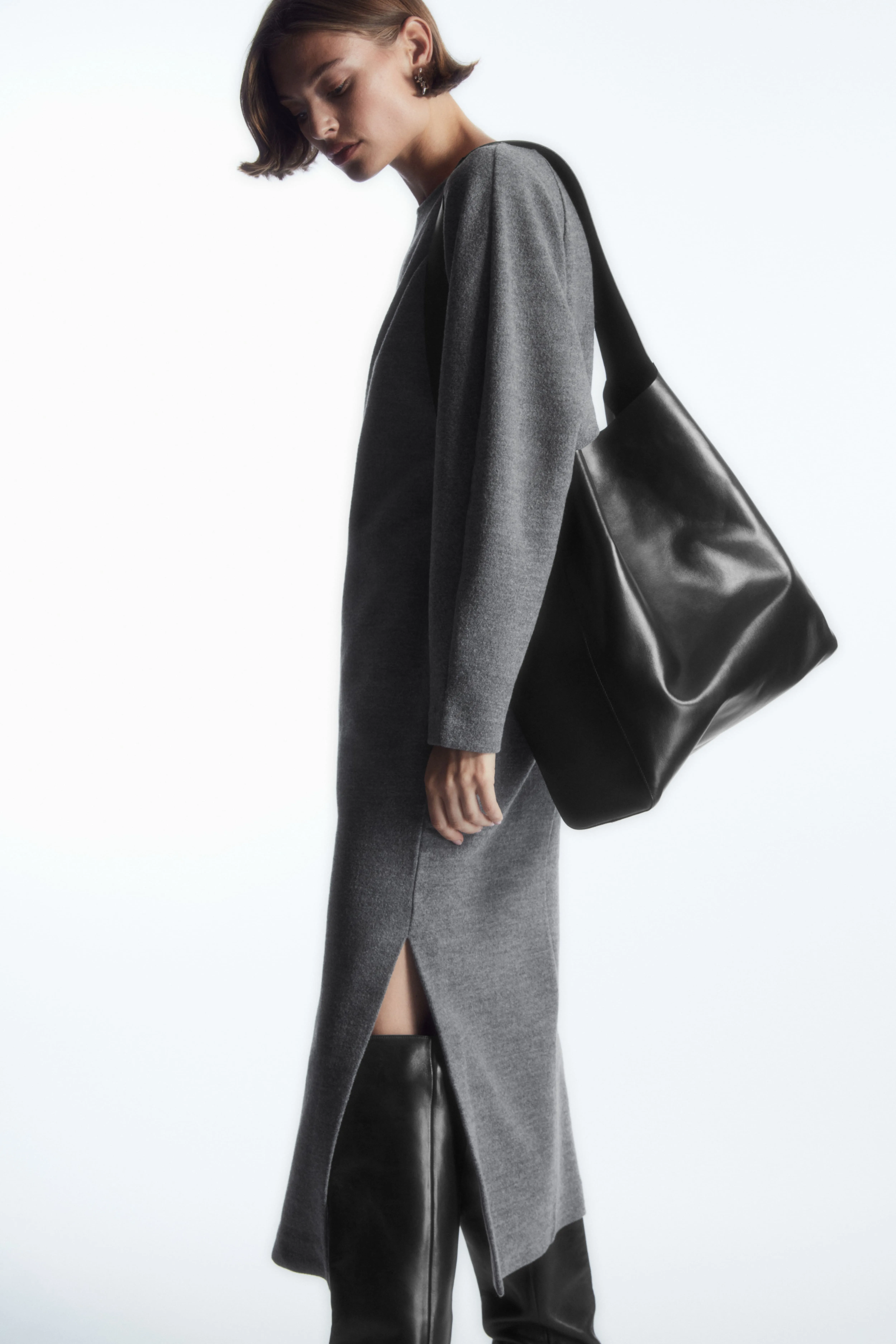 BOILED-WOOL LONG-SLEEVED MAXI DRESS - Boat neck - Long sleeve - DARK GREY MELANGE - Ladies | H&M GB