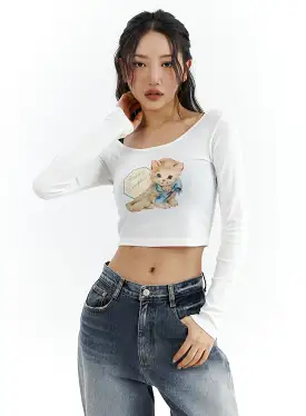 Cat Print Long Sleeve Tee CJ425