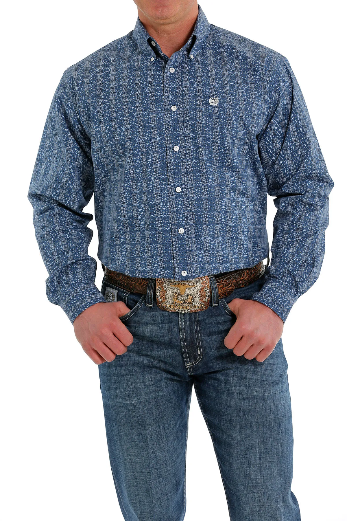 Cinch Mens Blue Print Long Sleeve Shirt