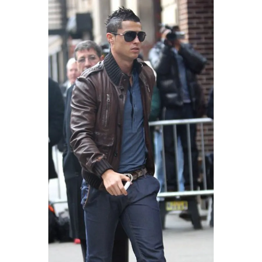 Cristiano Ronaldo Brown Biker leather Jacket - Cristiano Ronaldo Jacket