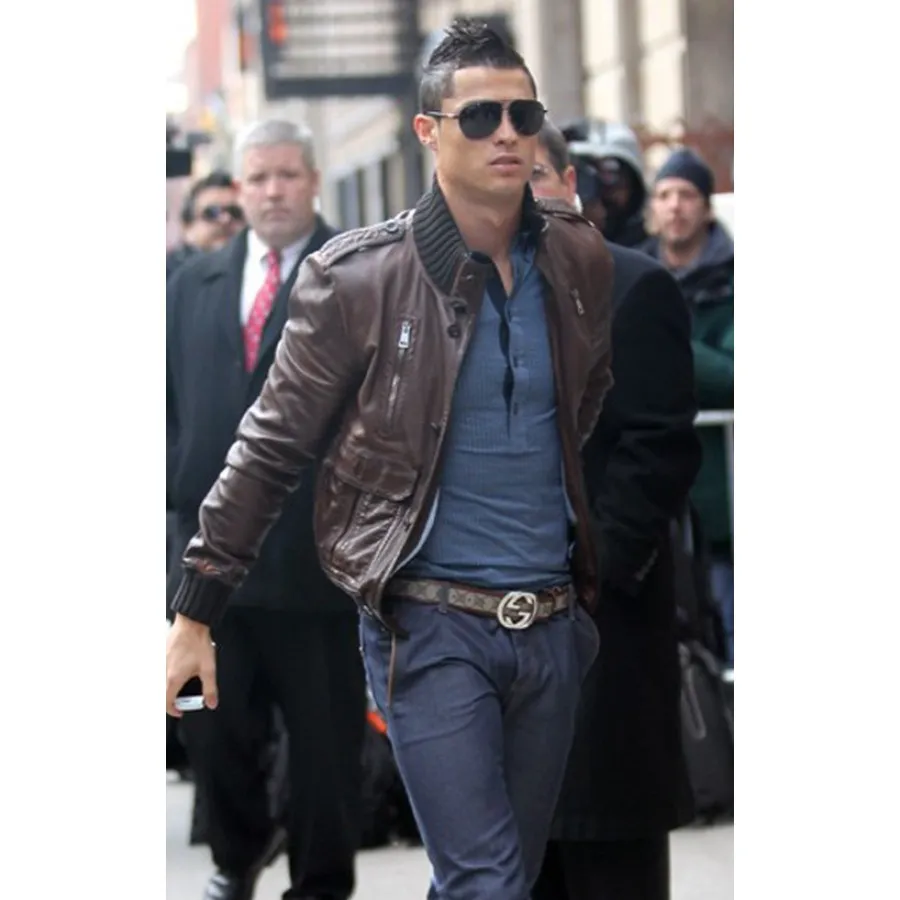 Cristiano Ronaldo Brown Biker leather Jacket - Cristiano Ronaldo Jacket