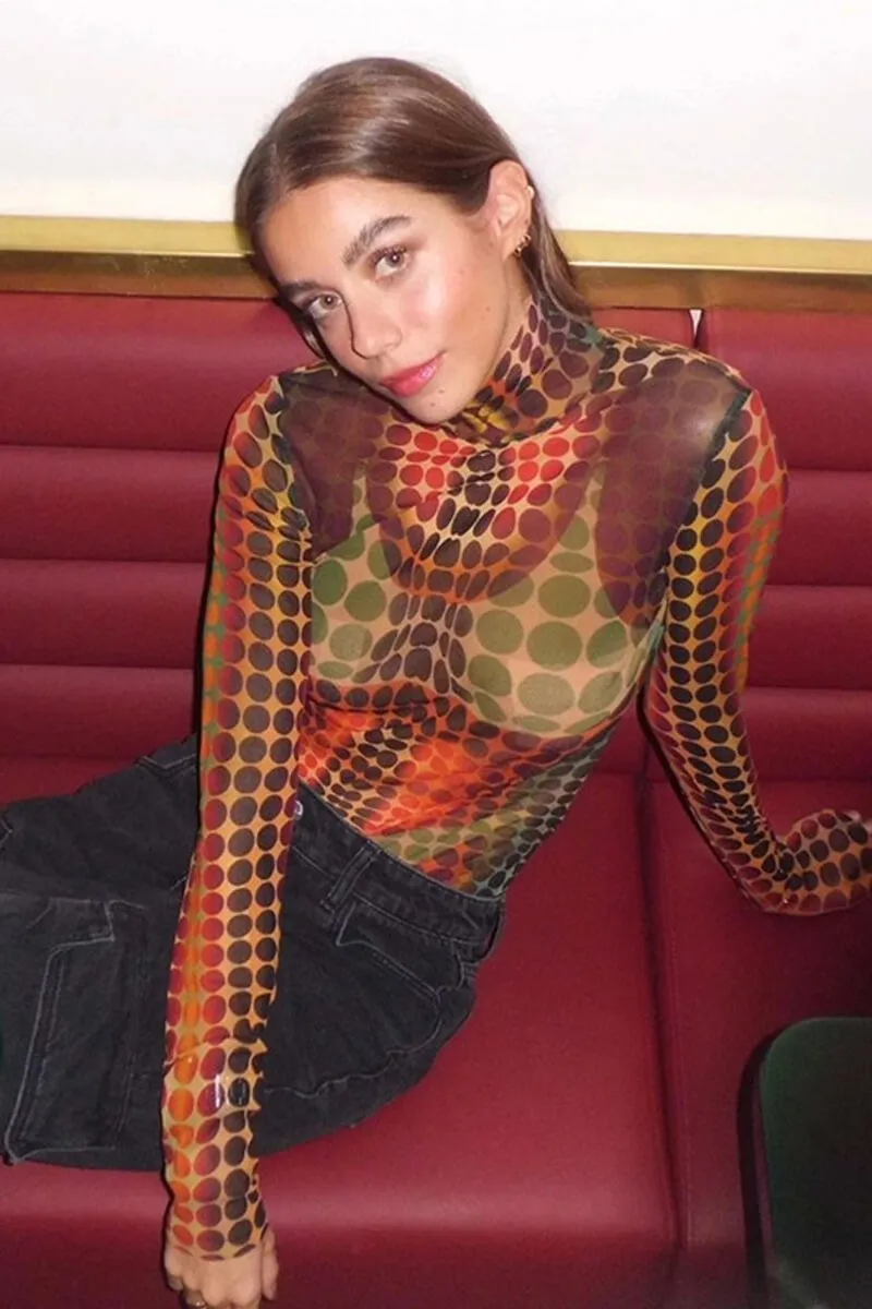 Cyber Dots Print Long Sleeve Mesh Top