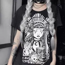 DARK FASHION GOTHIC PRINT LONG PARAGRAPH LOOSE T-SHIRT BY70178