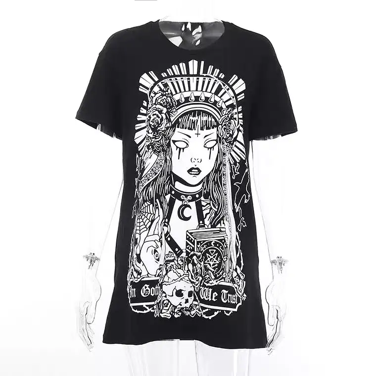 DARK FASHION GOTHIC PRINT LONG PARAGRAPH LOOSE T-SHIRT BY70178