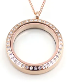 FL37 - Rose Gold CZ Floating Locket Necklace, Stainless Steel