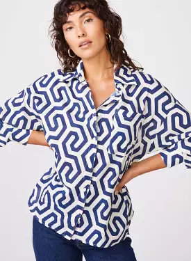 Geo Print Voile Oversized Shirt in New Navy