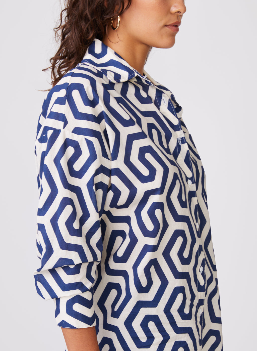 Geo Print Voile Oversized Shirt in New Navy