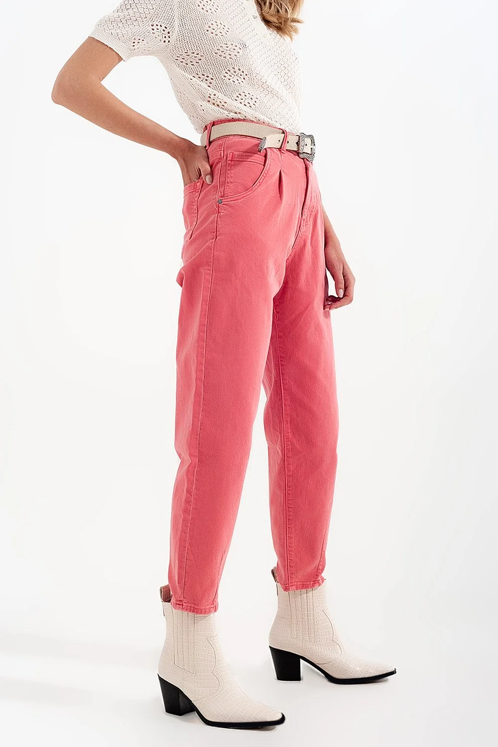 High Rise Mom Jeans With Pleat Front in Pink