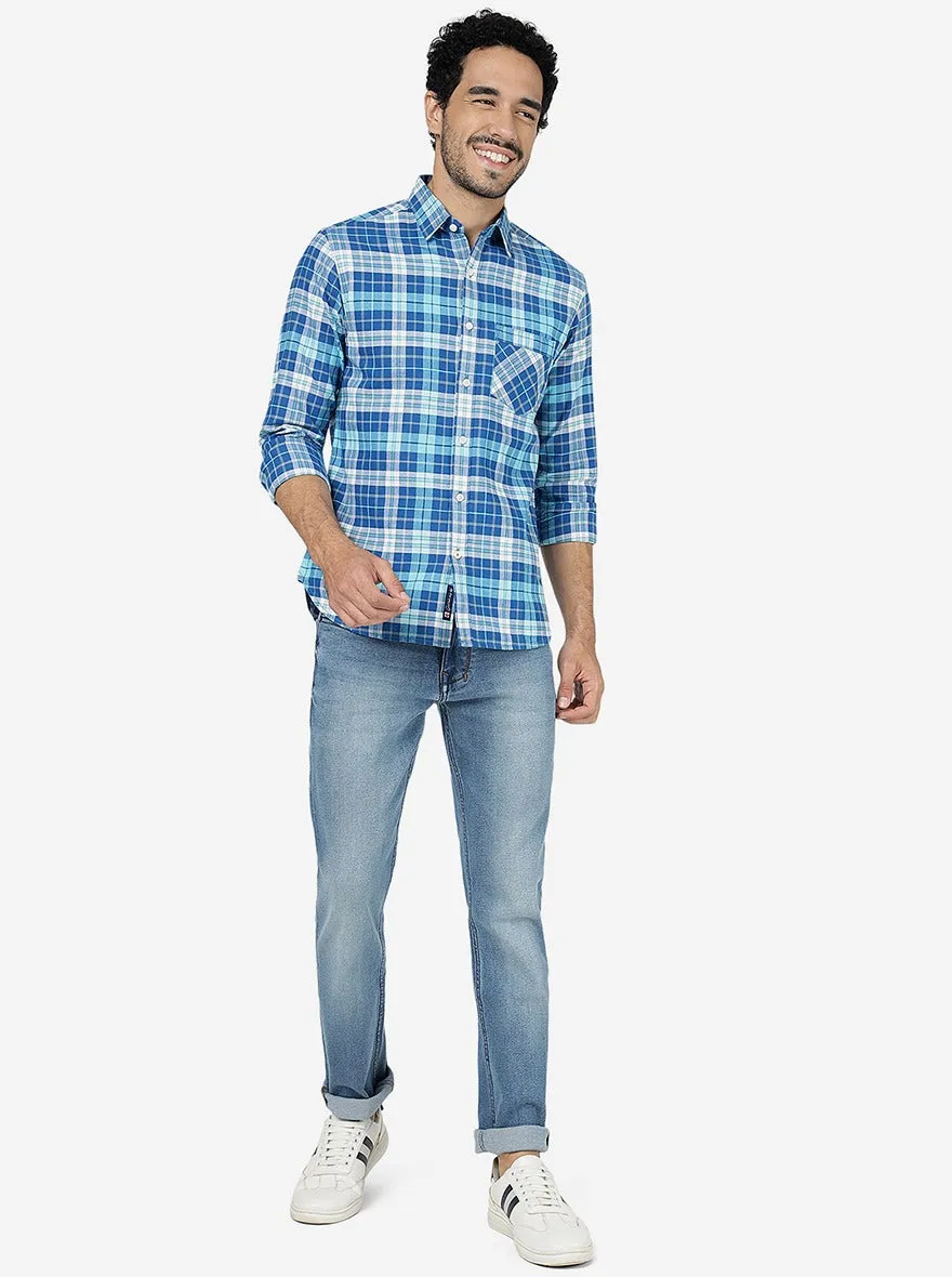 Imperial Blue Checked Slim Fit Casual Shirt | Greenfibre