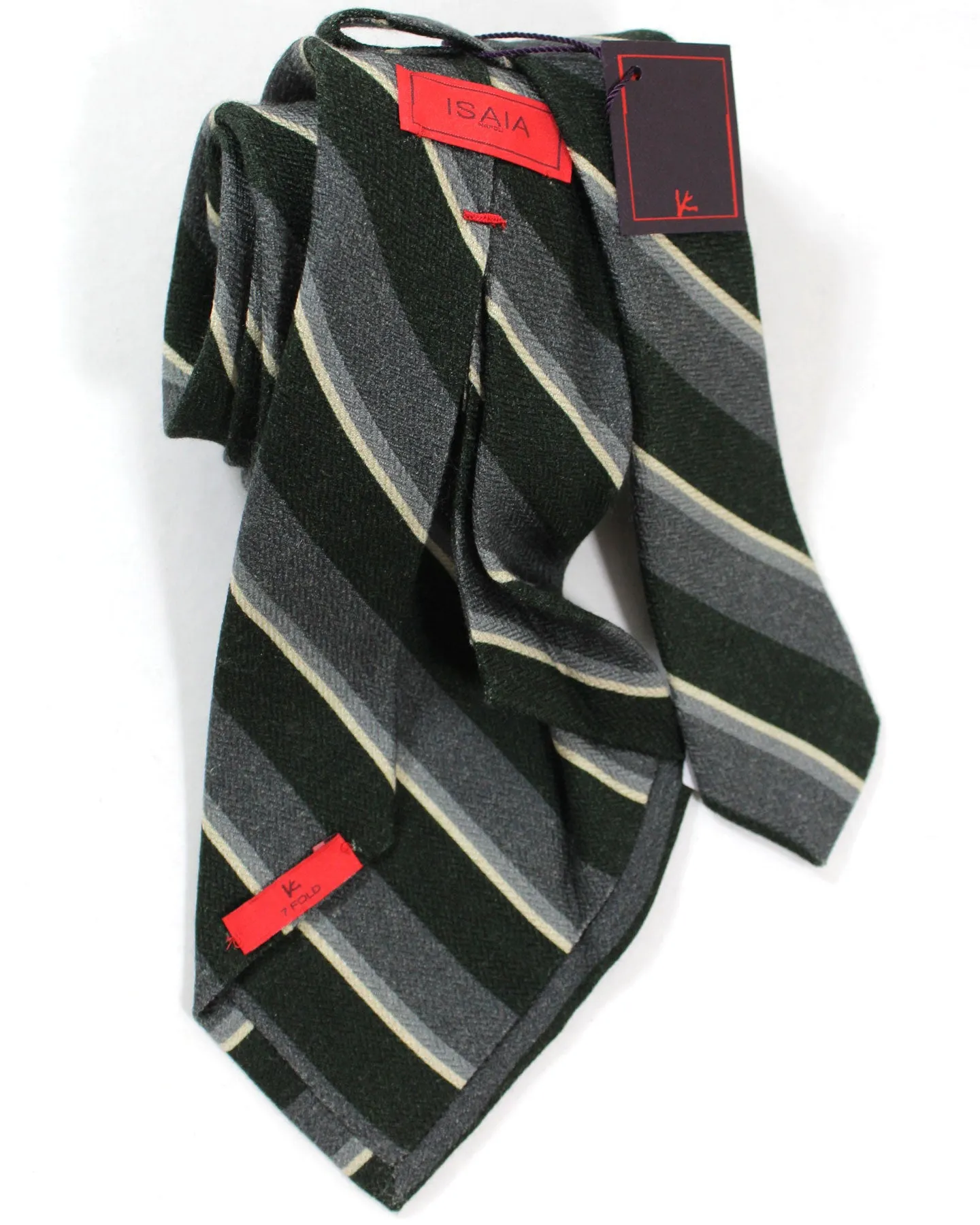 Isaia Tie Gray Dark Green Stripes Design - Sevenfold Wool Silk Necktie