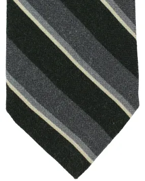 Isaia Tie Gray Dark Green Stripes Design - Sevenfold Wool Silk Necktie