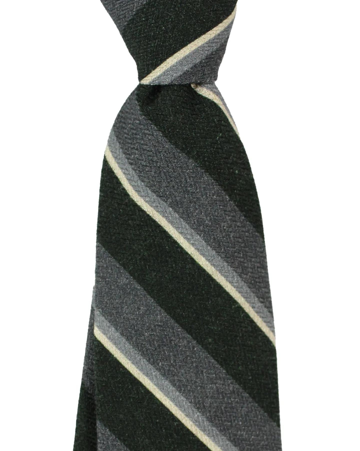 Isaia Tie Gray Dark Green Stripes Design - Sevenfold Wool Silk Necktie