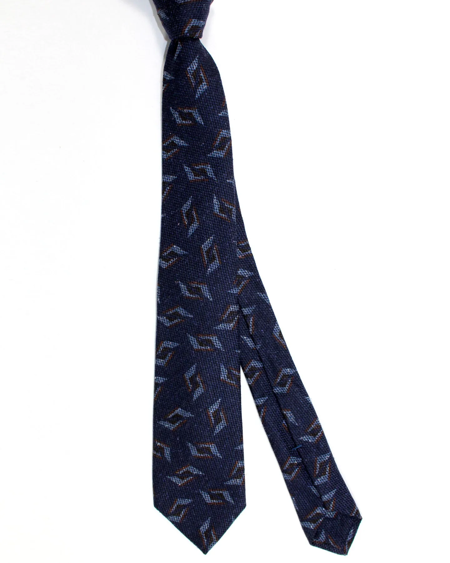 Kiton Wool Silk Tie Dark Blue Brown Geometric Design - Sevenfold Necktie