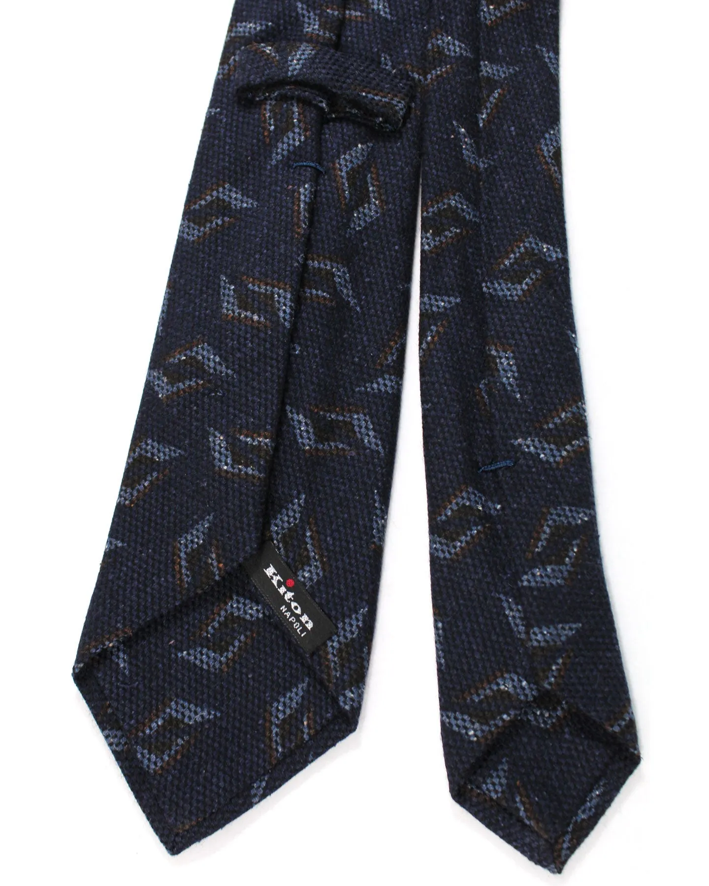 Kiton Wool Silk Tie Dark Blue Brown Geometric Design - Sevenfold Necktie