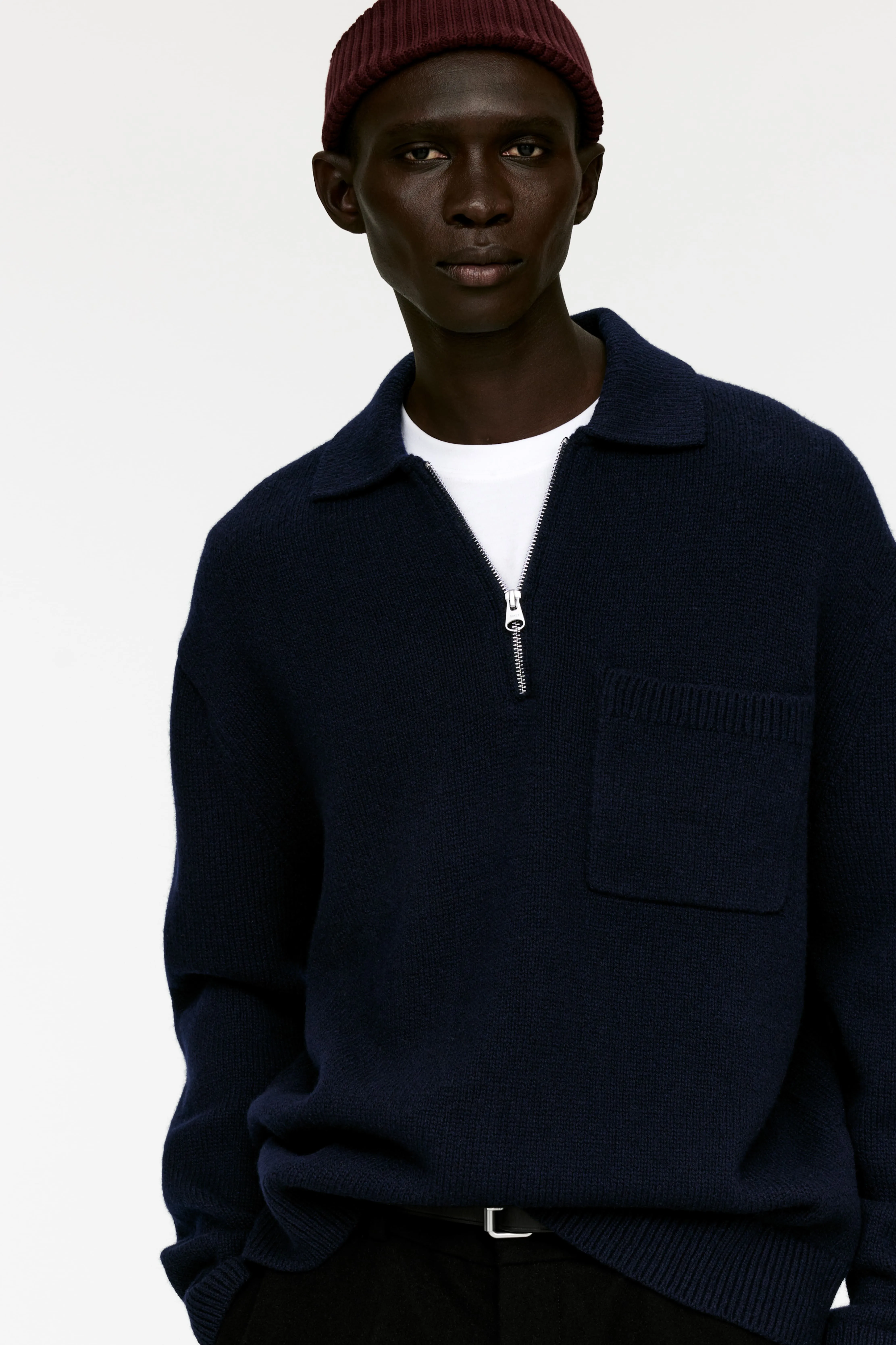 Knitted Wool Zip Polo Shirt - Polo-neck - Long sleeve - Dark Blue - Men | H&M GB