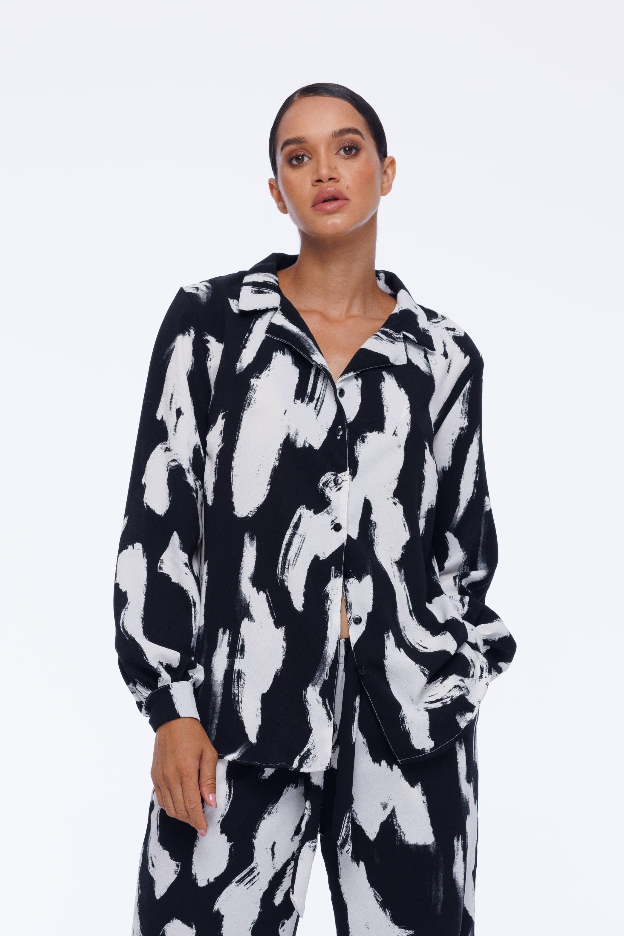 Long Sleeve Mason Shirt - Black/Ivory Print