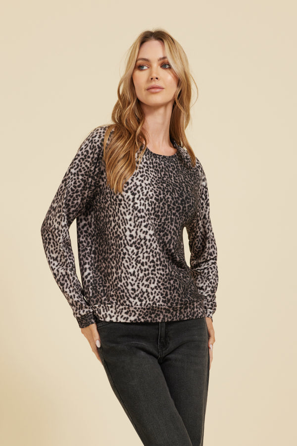 Majestic French Terry Leopard Print Long Sleeve Crewneck in Galet