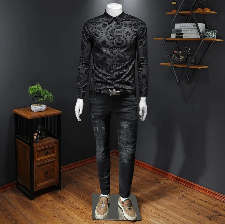 Men's Black Crown Flocking Printed Business Formal Long Sleeve Shirt