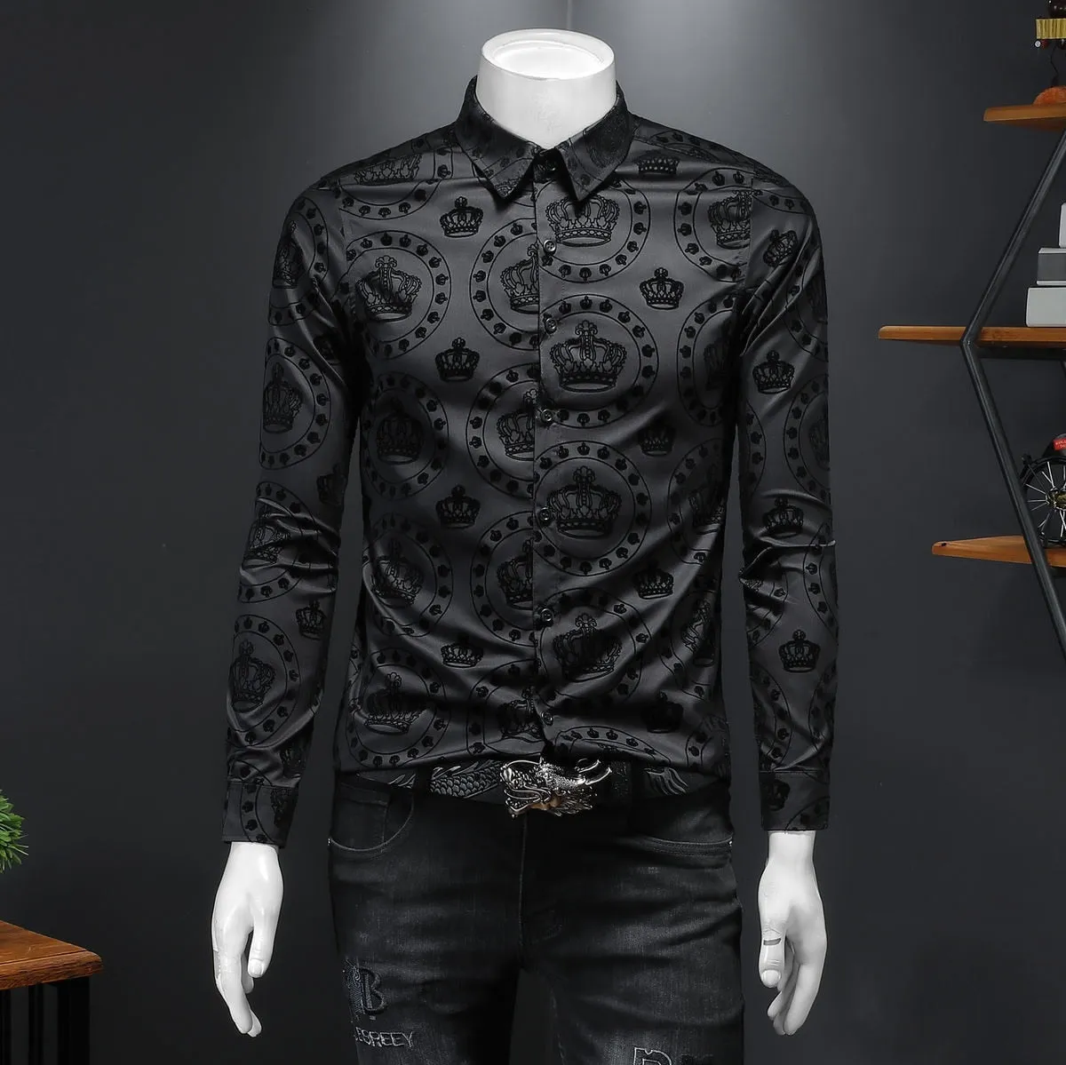 Men's Black Crown Flocking Printed Business Formal Long Sleeve Shirt