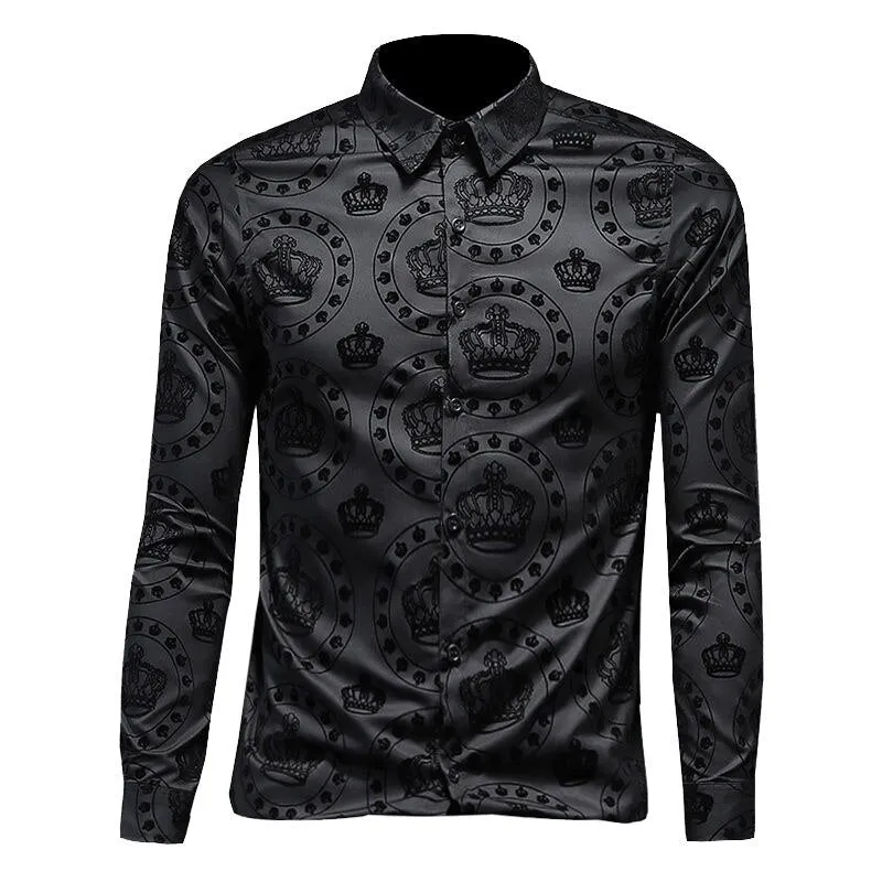 Men's Black Crown Flocking Printed Business Formal Long Sleeve Shirt