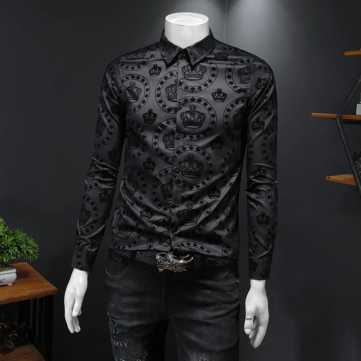 Men's Black Crown Flocking Printed Business Formal Long Sleeve Shirt