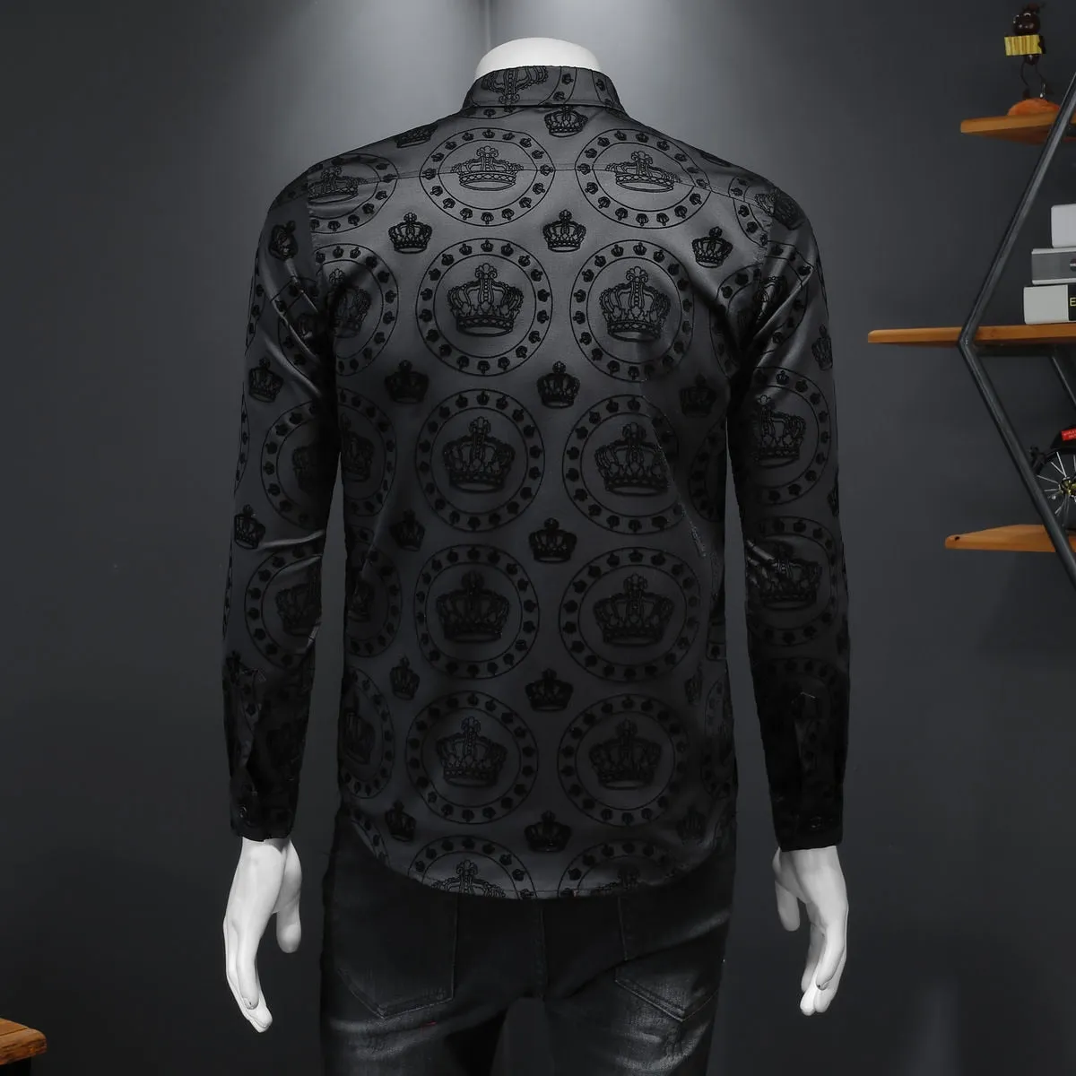 Men's Black Crown Flocking Printed Business Formal Long Sleeve Shirt