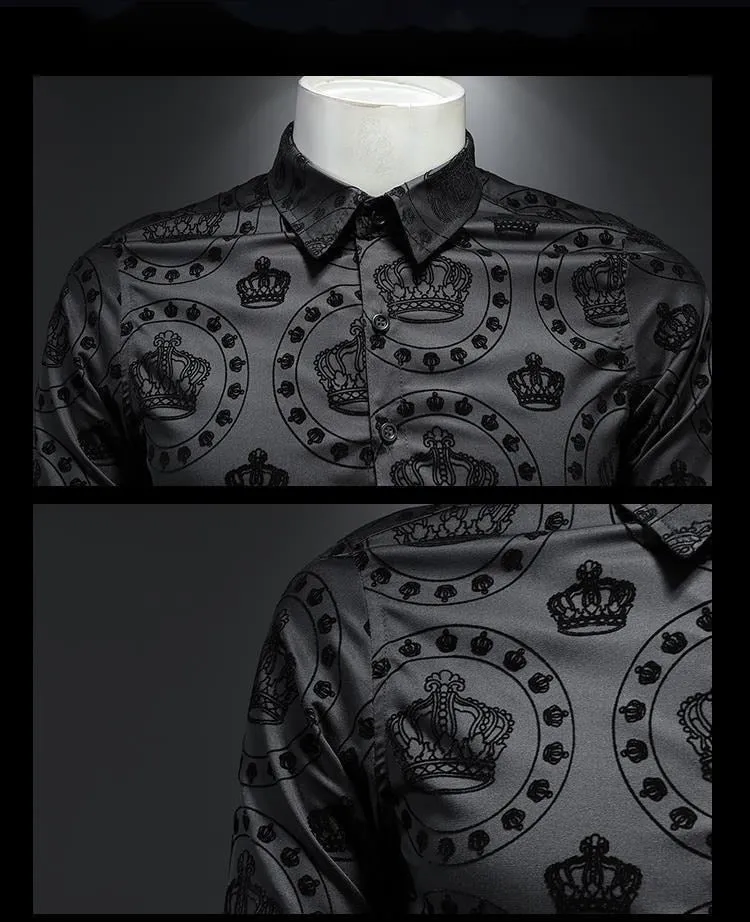 Men's Black Crown Flocking Printed Business Formal Long Sleeve Shirt