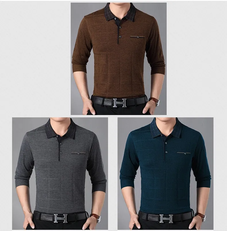 Men's Casual Contrast Color Plaid Breathable Long Sleeve Poloshirt