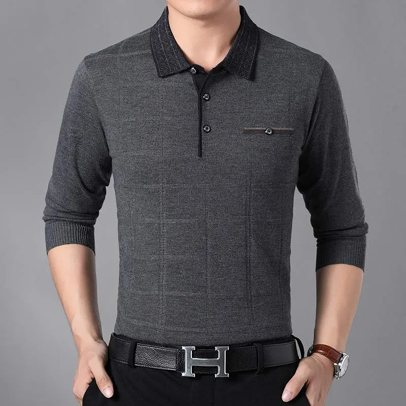 Men's Casual Contrast Color Plaid Breathable Long Sleeve Poloshirt