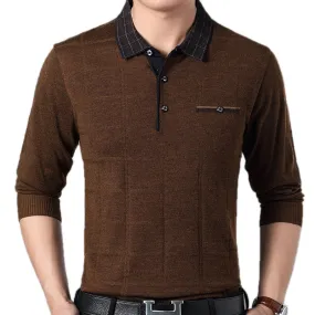 Men's Casual Contrast Color Plaid Breathable Long Sleeve Poloshirt