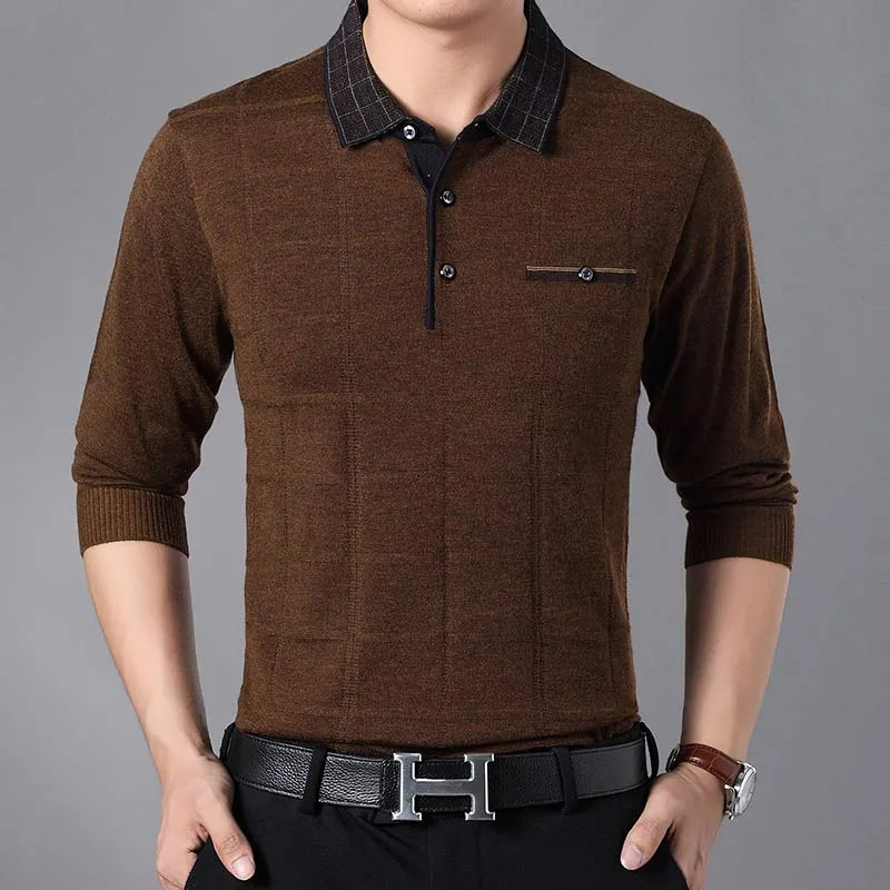 Men's Casual Contrast Color Plaid Breathable Long Sleeve Poloshirt