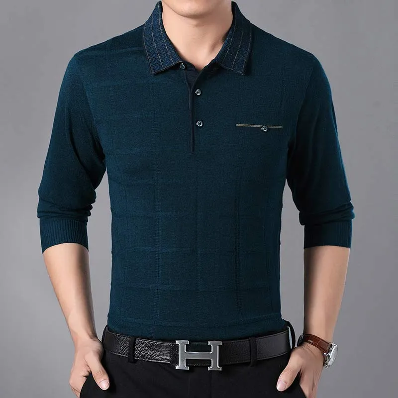 Men's Casual Contrast Color Plaid Breathable Long Sleeve Poloshirt