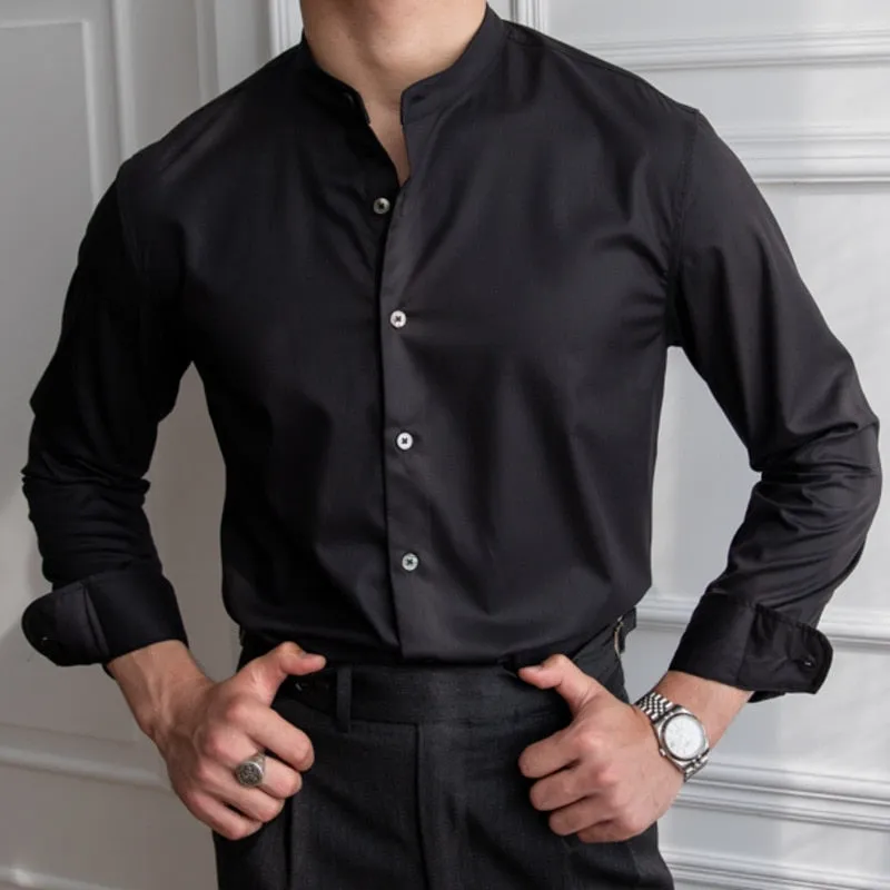 Men's Casual Polyester Solid Pattern Stand Collar Long Sleeve Shirt