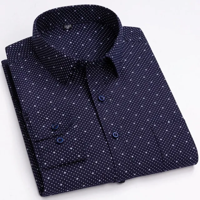 Men's Casual Single Patch Pocket Printed Office Long Sleeve Shirt