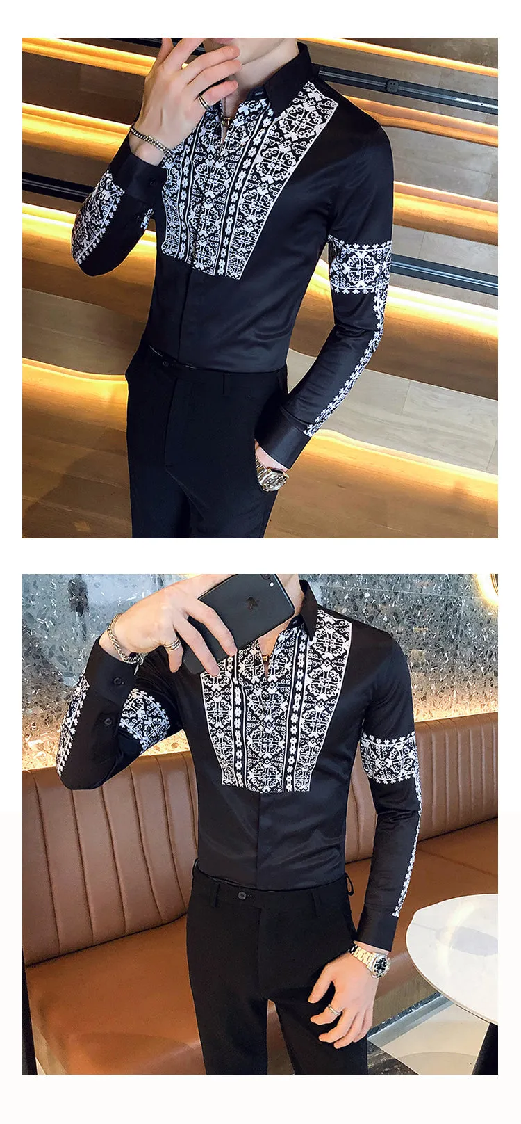 Men's Fashion Casual Slim British Style Printed Pattern Long Sleeve Shirt