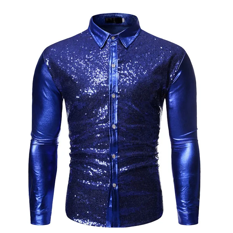 Men's Hip Hop Style Shiny Sequins Slim Fit Long Sleeve Dress Shirt