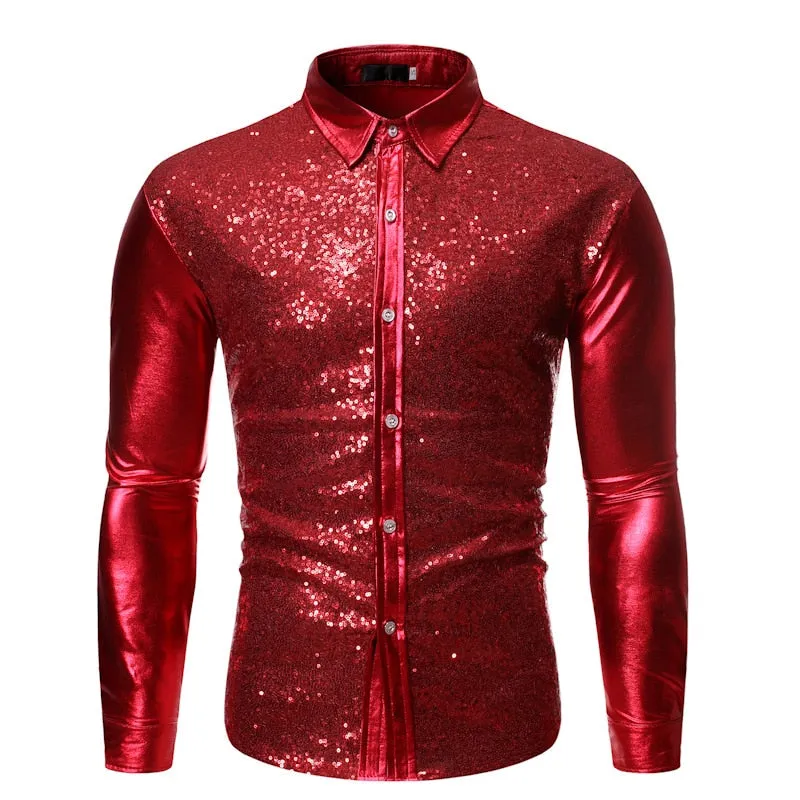 Men's Hip Hop Style Shiny Sequins Slim Fit Long Sleeve Dress Shirt