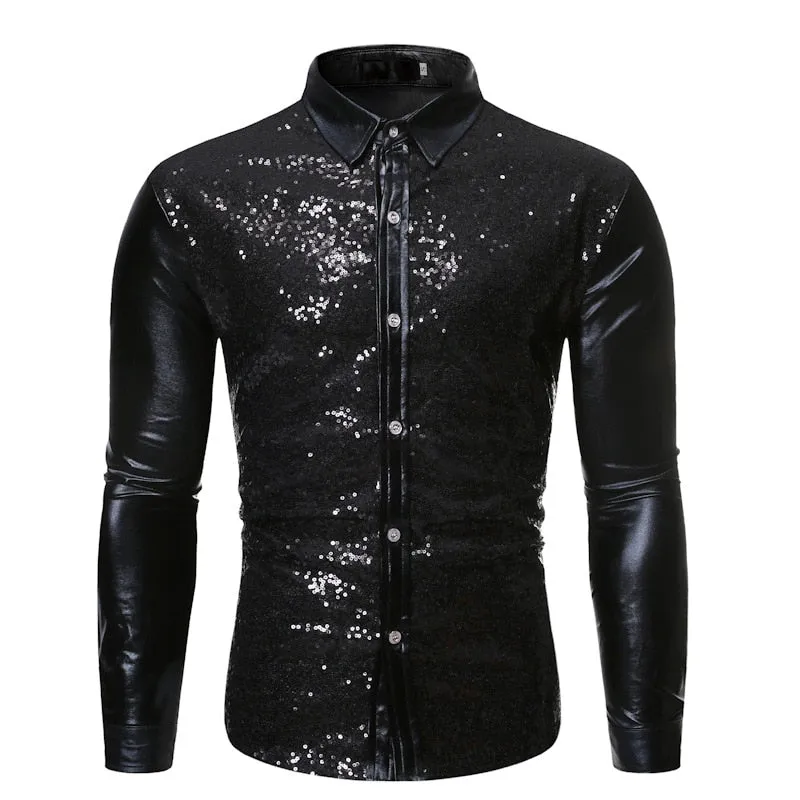 Men's Hip Hop Style Shiny Sequins Slim Fit Long Sleeve Dress Shirt