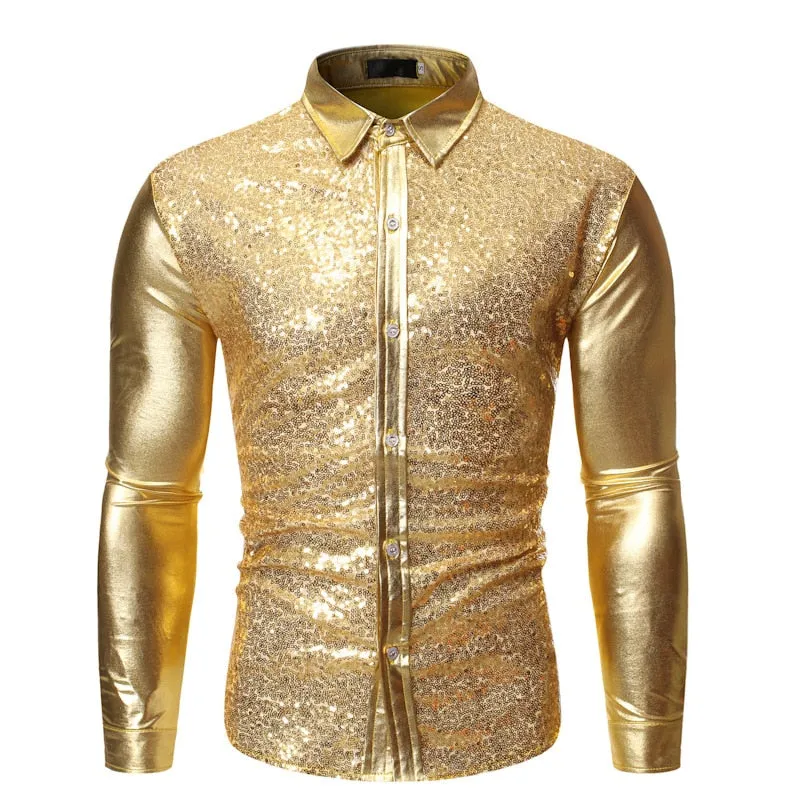 Men's Hip Hop Style Shiny Sequins Slim Fit Long Sleeve Dress Shirt