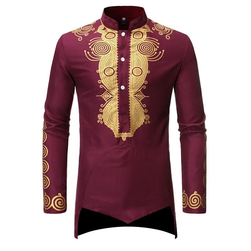 Men's Polyester African Gold Printed Hip Hop Casual Long Sleeve Shirt