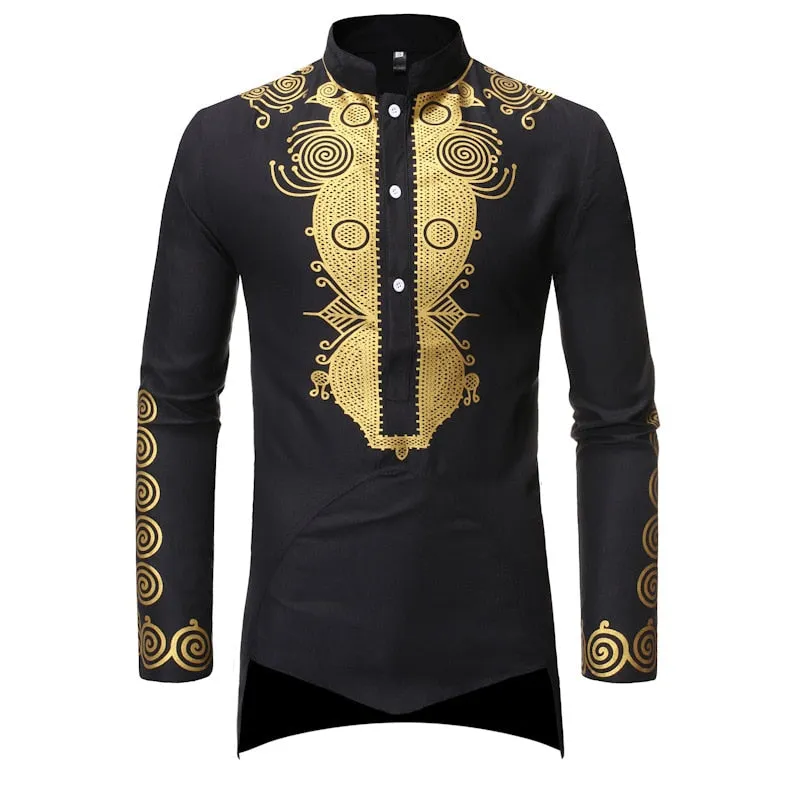 Men's Polyester African Gold Printed Hip Hop Casual Long Sleeve Shirt