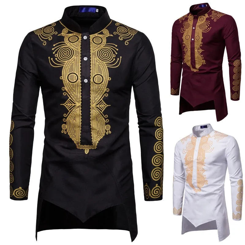 Men's Polyester African Gold Printed Hip Hop Casual Long Sleeve Shirt