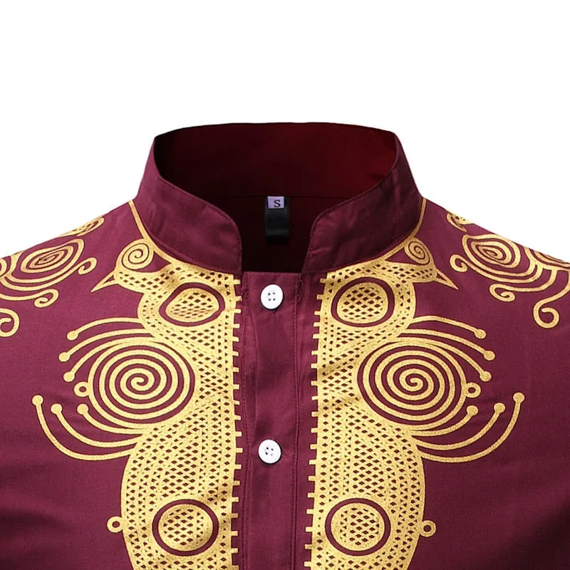 Men's Polyester African Gold Printed Hip Hop Casual Long Sleeve Shirt