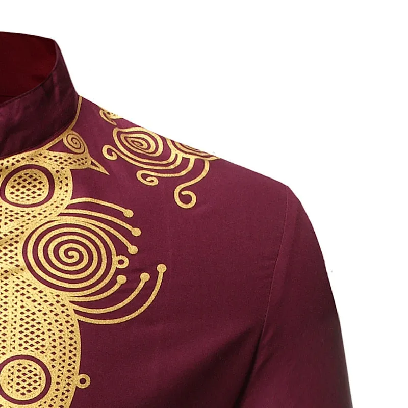 Men's Polyester African Gold Printed Hip Hop Casual Long Sleeve Shirt