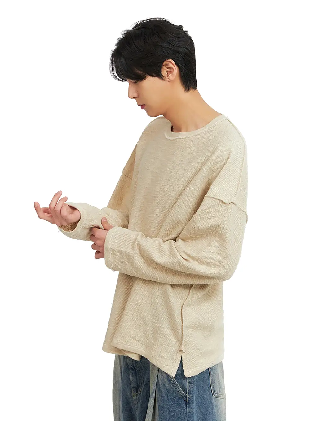 Men's Textured Crew Neck Long Sleeve Top IA402