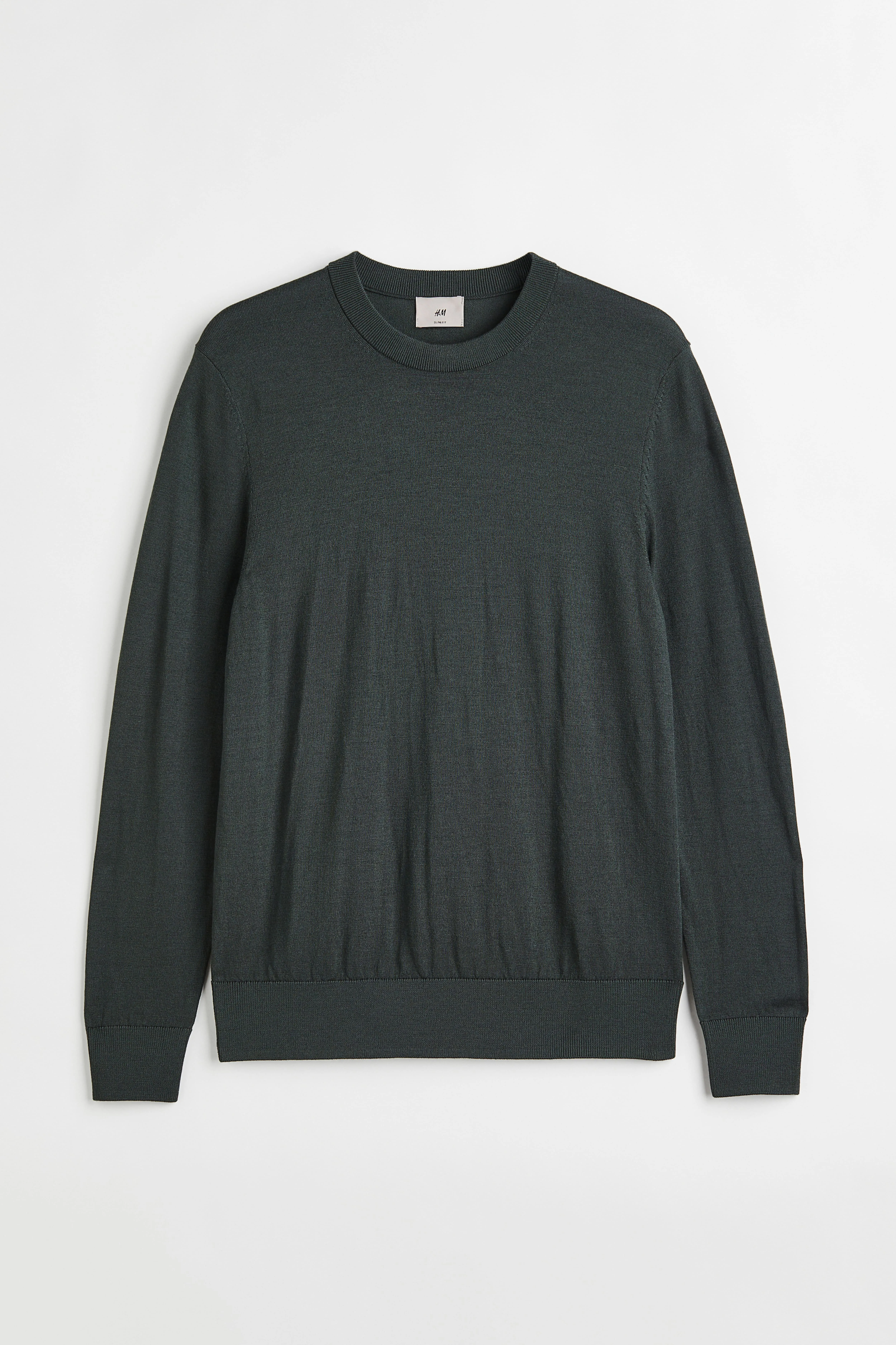 Merino wool jumper - Round neck - Long sleeve - Dark green - Men | H&M GB